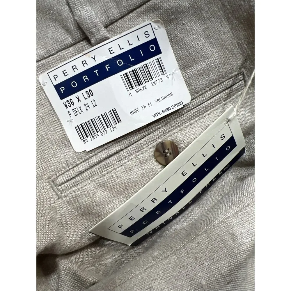 Perry Ellis Preppy Chinos Relaxed Pleated Linen Blend Pants Beige Mens Sz 36x30